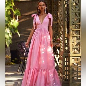 Alamour The Label Cellina Pink Maxi Dress Small Deep V Bow Strap Tiered‎